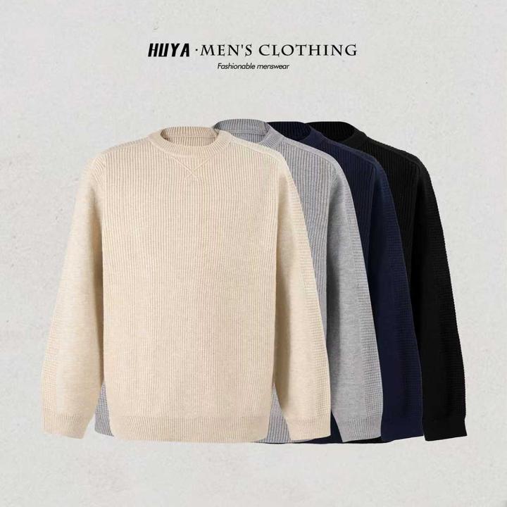 虎牙兄弟冬季纯色针织提花毛衣时尚百搭宽松圆领毛衣男款M7037