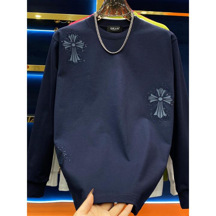 十字架烫钻长袖卫衣男2025秋季美式潮流宽松休闲打底上衣