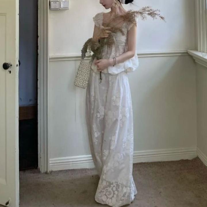 设计感蕾丝白色上衣阔腿裤两件套女夏装2025新款法式重工一整套装