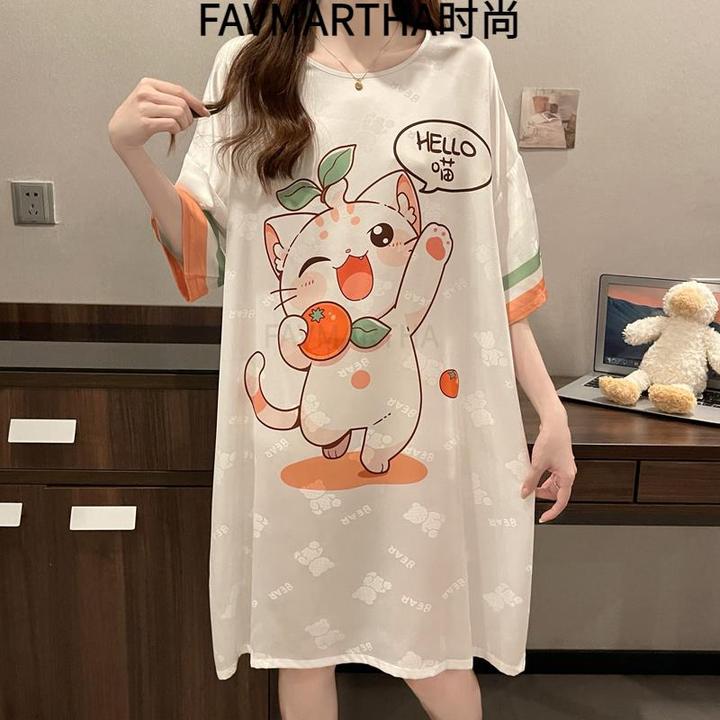睡裙女夏季冰丝短袖薄款可爱2025年新款夏天胖mm加肥加大码睡衣猫