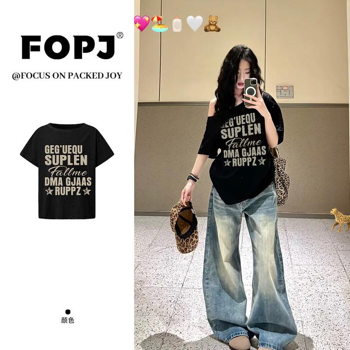 FOPJ夏季新款辣妹露肩穿搭欧美风一字肩斜肩短袖t恤宽松显瘦上衣