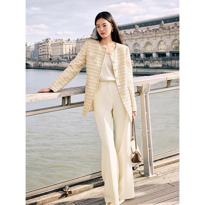 YINER音儿2025冬季新款法式小香风金葱提花亮丝粗花呢圆领外套