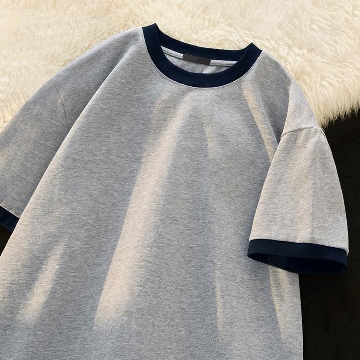 美式格雷系复古短袖男夏季新款撞色纯棉t恤宽松大码男装拼接上衣