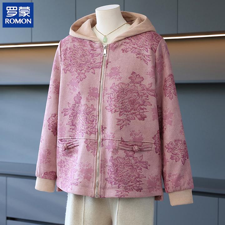 罗蒙小个子妈妈秋装连帽上衣国风花色外套秋季中老年女装休闲夹克