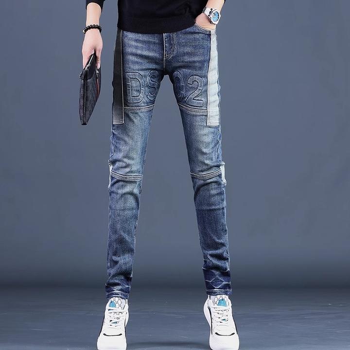 Cebrodz高端拼接压花牛仔裤男款秋季新款小脚修身弹力男士长裤