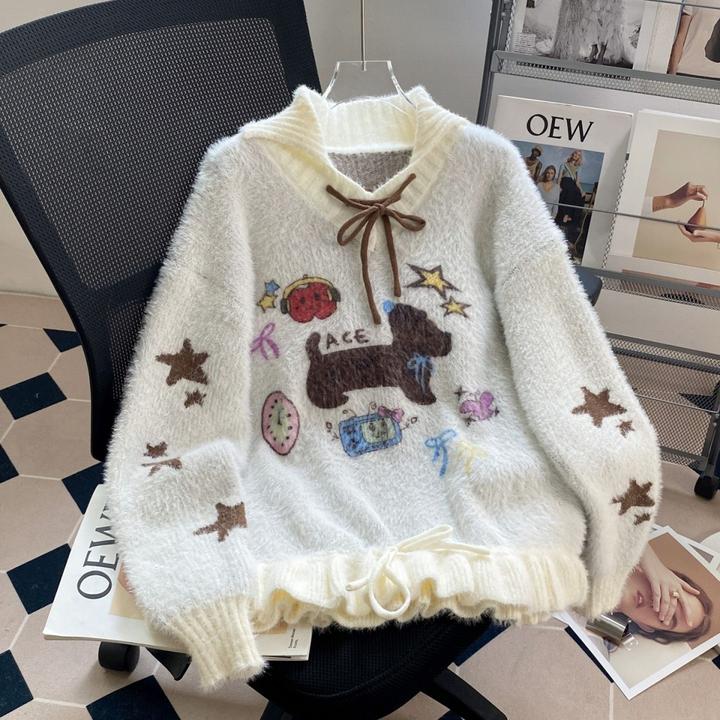 卡通提花小翻领毛衣女秋冬外穿可爱甜美慵懒风宽松系带针织衫上衣