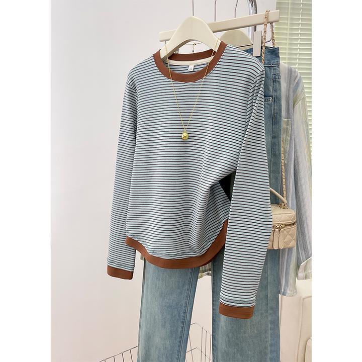 法式假两件慵懒条纹圆领长袖T恤秋冬新款复古宽松休闲打底衫上衣