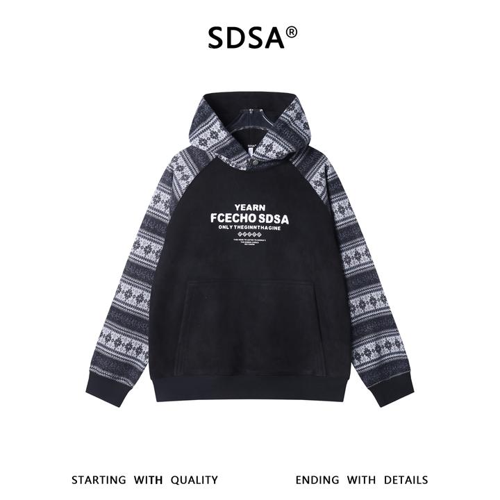 SDSA男士秋冬新款痞帅男装美式拼接趣味条纹印花字母连帽卫衣百搭