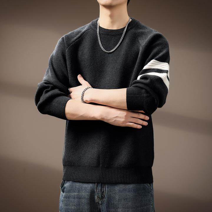 MR.MUDI/穆迪先生高端美式潮流黑白撞色条纹针织衫男加厚重磅毛衣