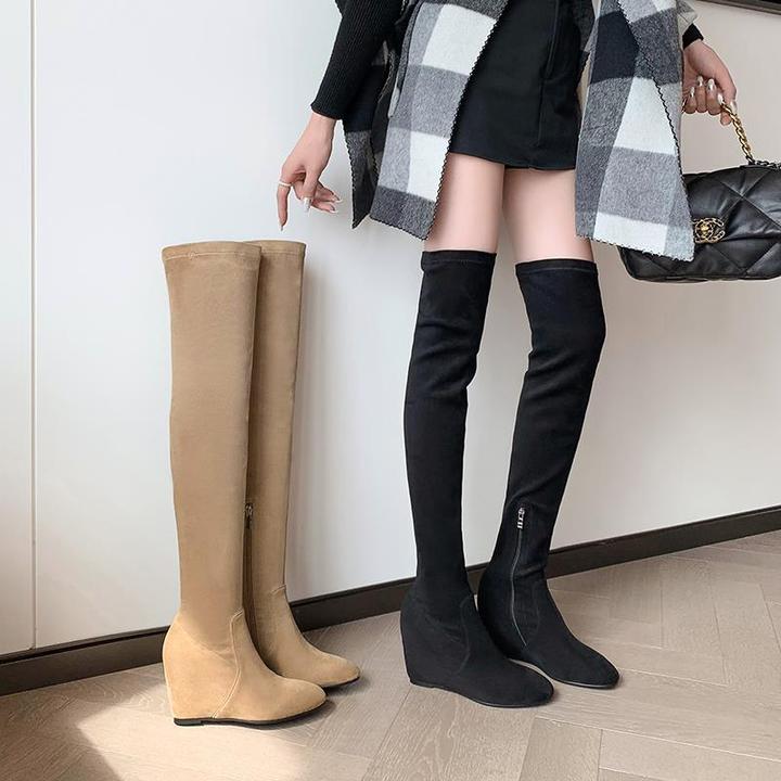 巨显腿长~小个子内增高绒面弹力长靴坡跟高跟靴显瘦过膝长筒靴女