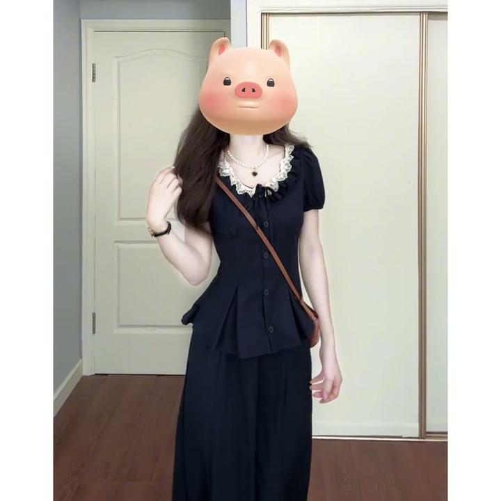 A1976#夏季法式设计感蕾丝系带短袖褶皱裙摆上衣高腰显瘦半身裙