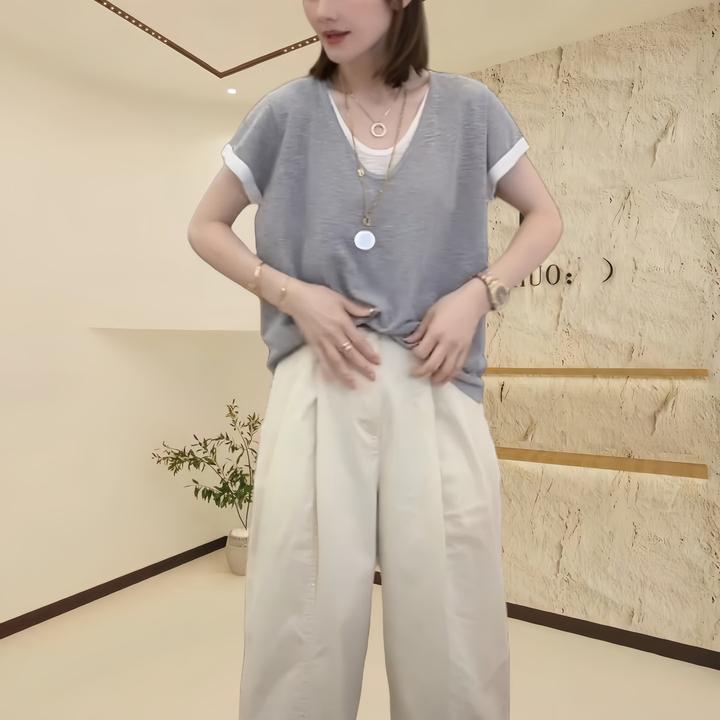 卡莲格/2025夏季薄款冰感雪花棉假两件v领短袖T恤穿搭洋气衣服女