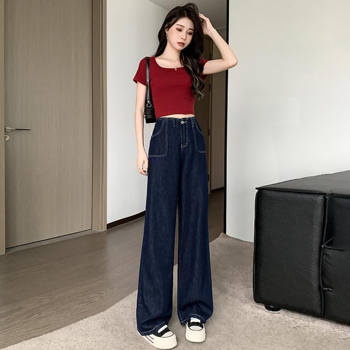小个子丹宁蓝阔腿秋季时尚小众高腰宽松垂感阔腿裤