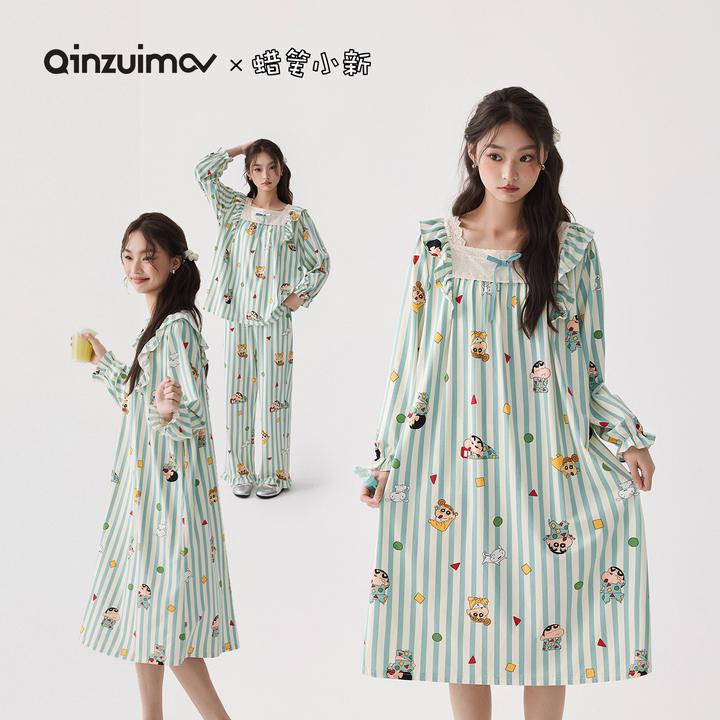 亲嘴猫【蜡笔小新】莫代尔棉长袖睡裙女春秋季可爱睡衣家居服可外穿