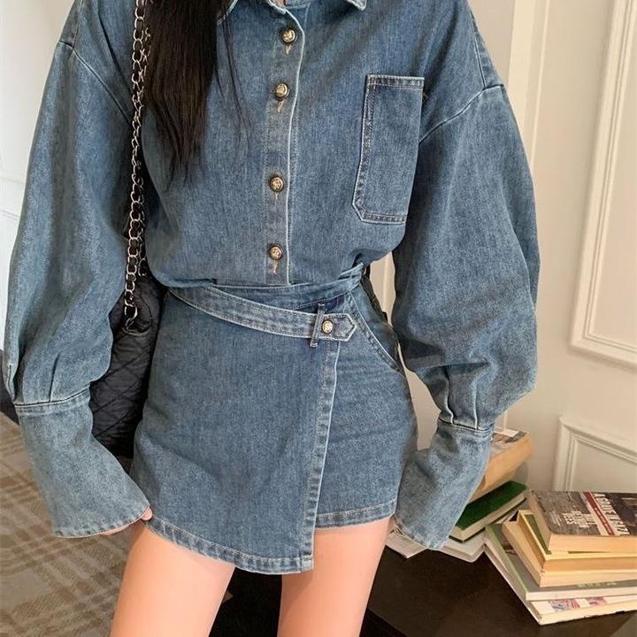 牛仔套装女美式2024复古新款外套高腰不规则显瘦半身裙两件套裤裙