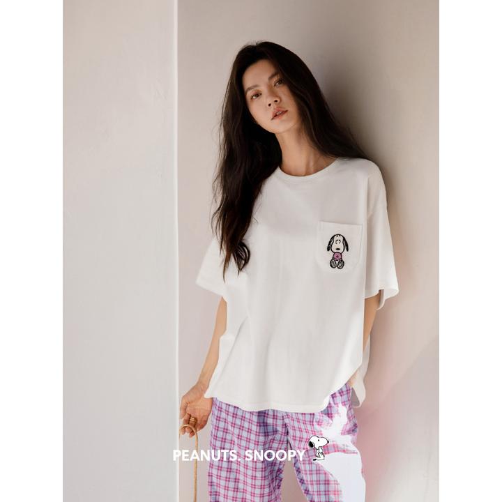 贝妍史努比睡衣女夏薄款纯棉短袖格子长裤套装休闲宽松少女家居服