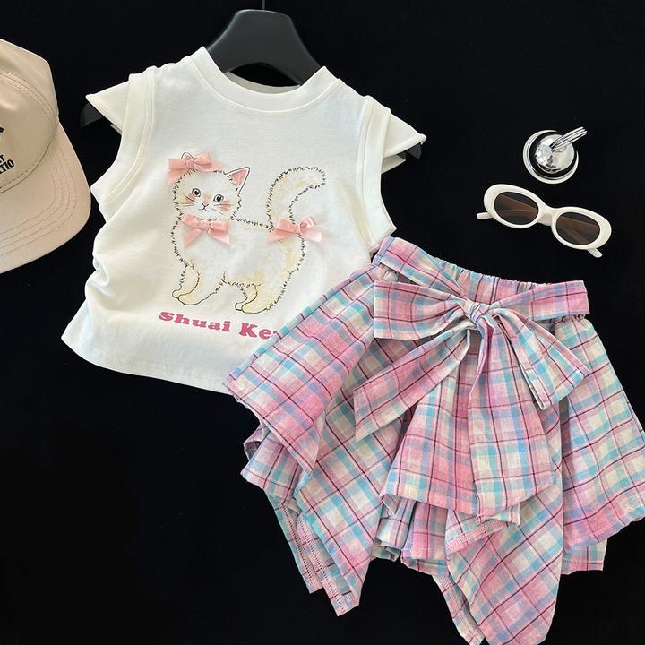 新款可爱印花短袖上衣不规则蝴蝶结半身裙两件套女童夏季套装2025