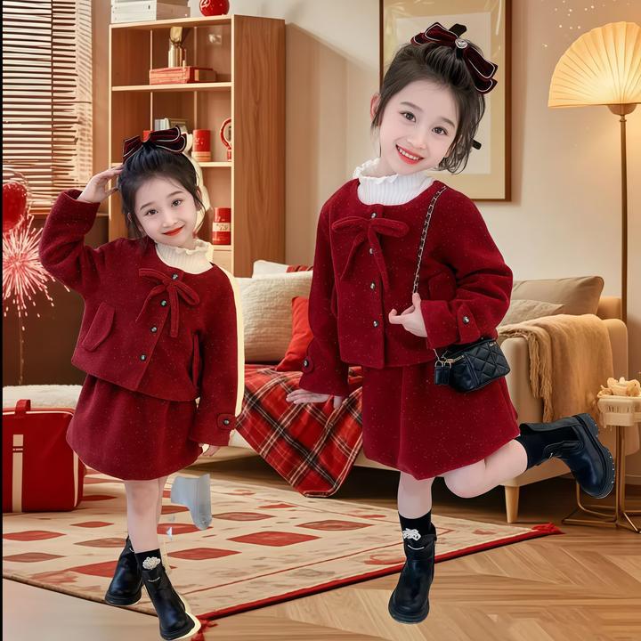 女童套装秋冬款拜年服儿童红色小香风裙两件套洋气女宝宝新年衣服