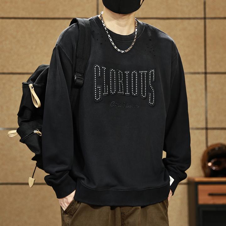 美式复古重磅水洗做旧圆领卫衣男春秋季潮牌宽松休闲百搭套头上衣