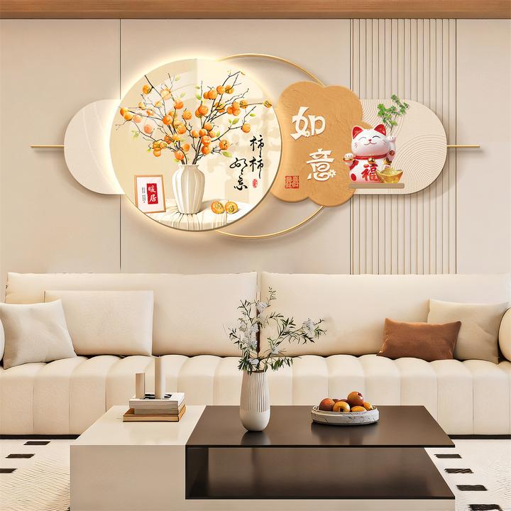 网红招财猫装饰画灯画新款客厅墙壁画柿柿如意背景墙挂画