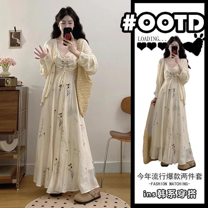 春夏季穿搭一整套大码女装胖mm显瘦法式v领吊带开衫两件套连衣裙