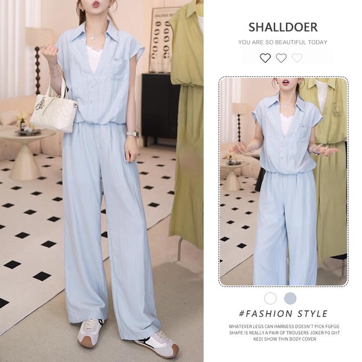 夏季新款V领时尚洋气两件套2025盐系夏装女上衣+阔腿裤两件套潮流
