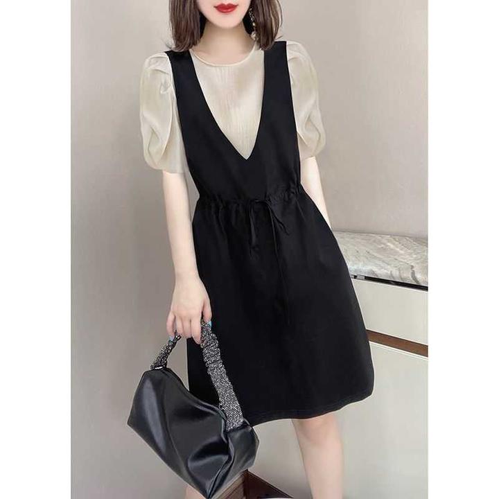 赫本风黑色泡泡袖假两件收腰显瘦气质连衣裙女欧洲站2025夏季新款