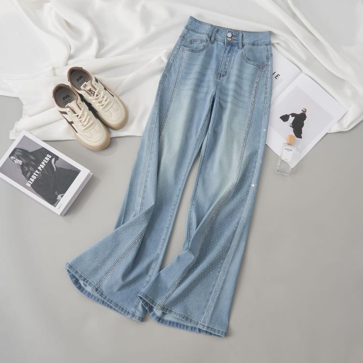 夏季天丝弹力浅色烫钻牛仔裤女2025直筒阔腿裤拖地裤垂感显瘦高腰