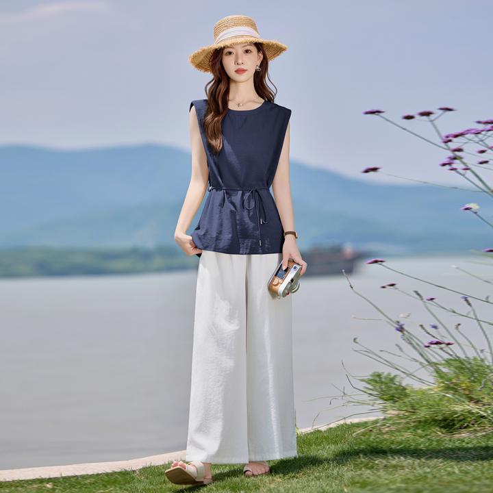 2025夏季新款时尚串珠系带棉麻套装外穿无袖