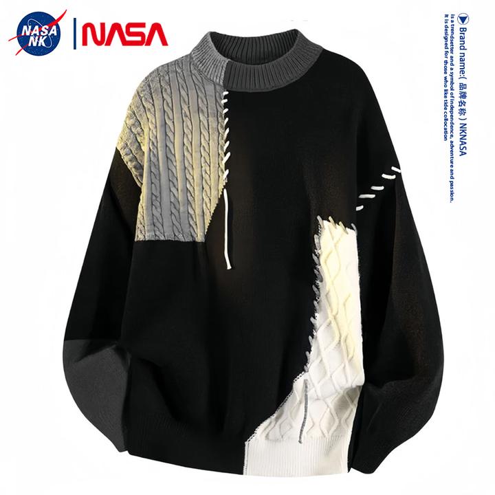 NASA联名美式复古毛衣男士秋冬季拼接保暖慵懒风打底痞帅针织衫潮