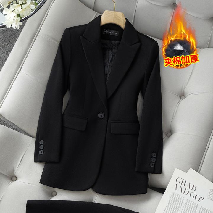 毛呢加厚黑色西装外套女冬季职业装高级感小个子气质夹棉西服套装