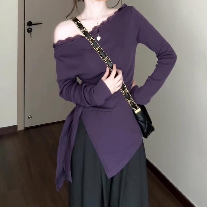 百搭显瘦高档加绒德绒蕾丝拼接春季斜肩上衣甜辣时尚御姐气质