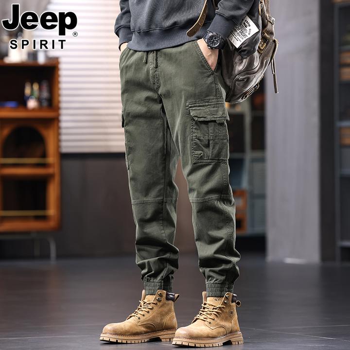JEEP吉普美式重磅工装裤男士宽松户外束脚秋季潮牌军绿色休闲裤子
