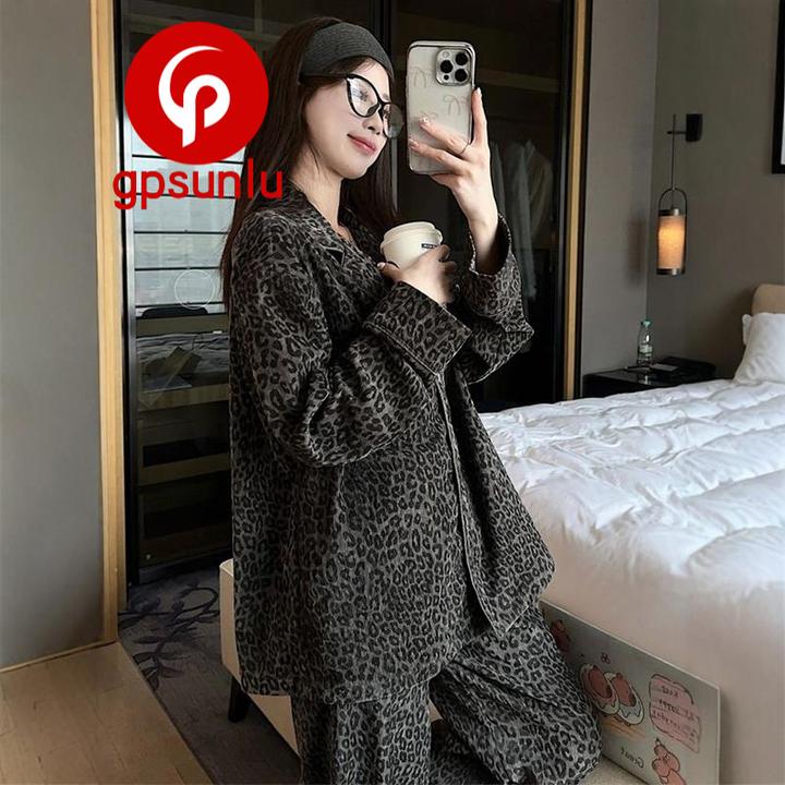 GPsunlu韩版豹纹双面德绒睡衣女秋冬新款长袖可外穿冬天家居服