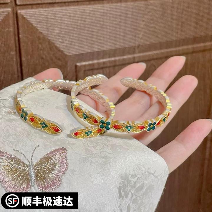 足银手镯 银9999描金珐如意彩花开口手镯女银新中式国风送女友