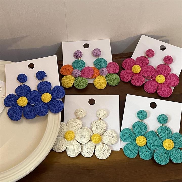 铜合金锆石耳饰 欧美夸张手工编织拉菲草花朵耳环波西米亚度假风