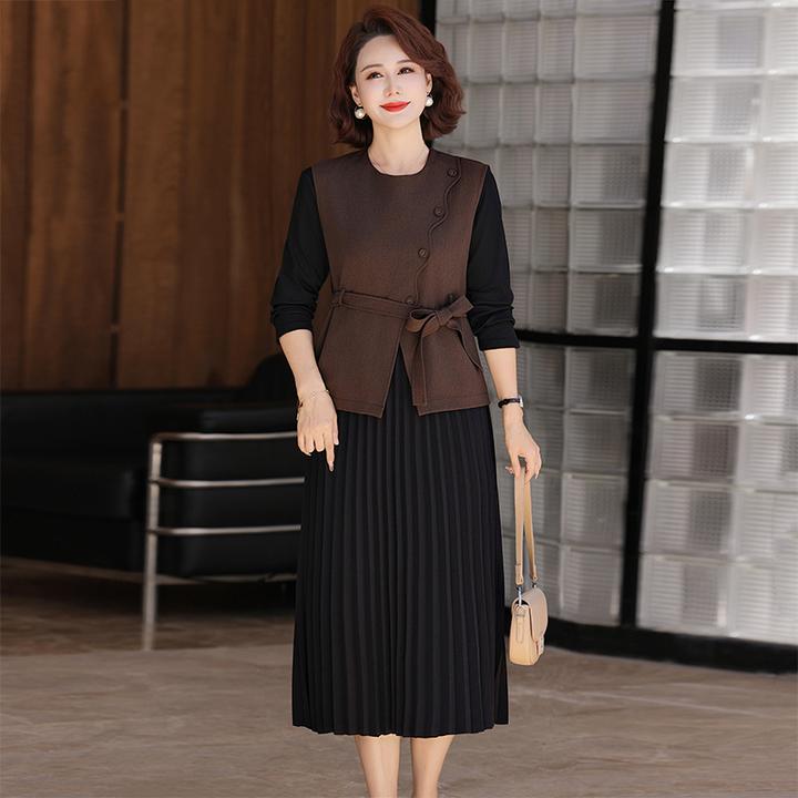 妈妈秋装连衣裙端庄大气套装中年高端女装洋气中老年春秋马甲外套