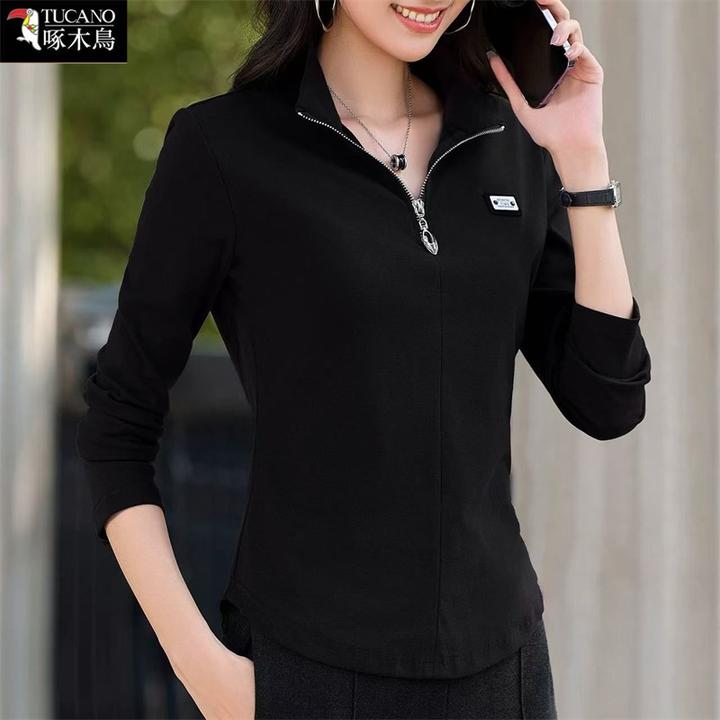 啄木鸟2025年新款大码显瘦上衣春秋长袖半拉链翻领拼接纯色T恤女