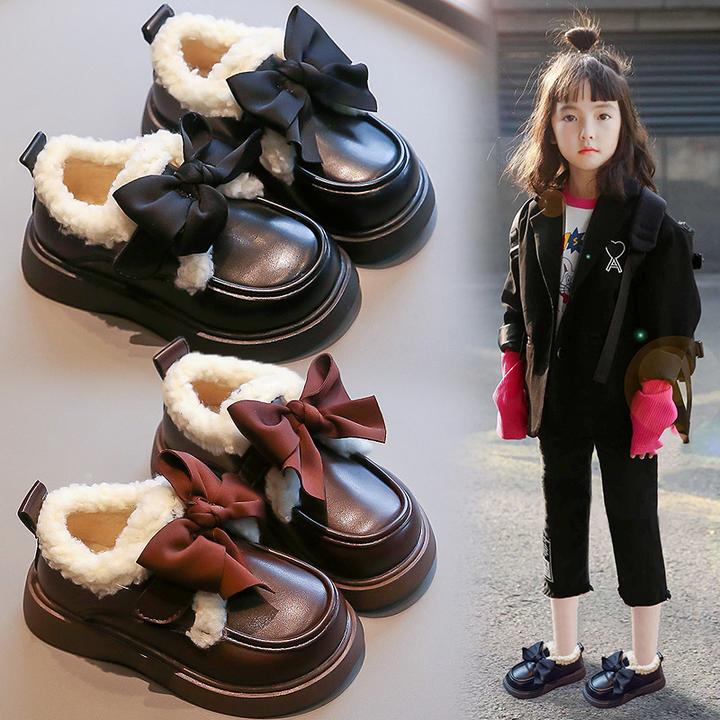 2025新款秋冬款儿童休闲小皮鞋童鞋女童加绒豆豆鞋女孩低帮板鞋