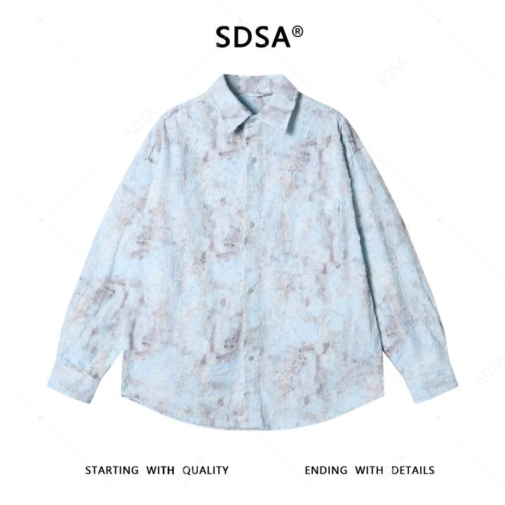 SDSA男士秋冬新款痞帅男装潮牌扎染磨破翻领长袖衬衫高街百搭衬衣