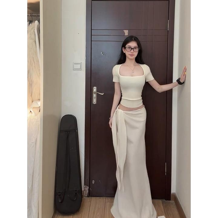 夏季新款方领上衣两件套盐系轻熟小个子韩剧穿搭法式桔梗夏季套装