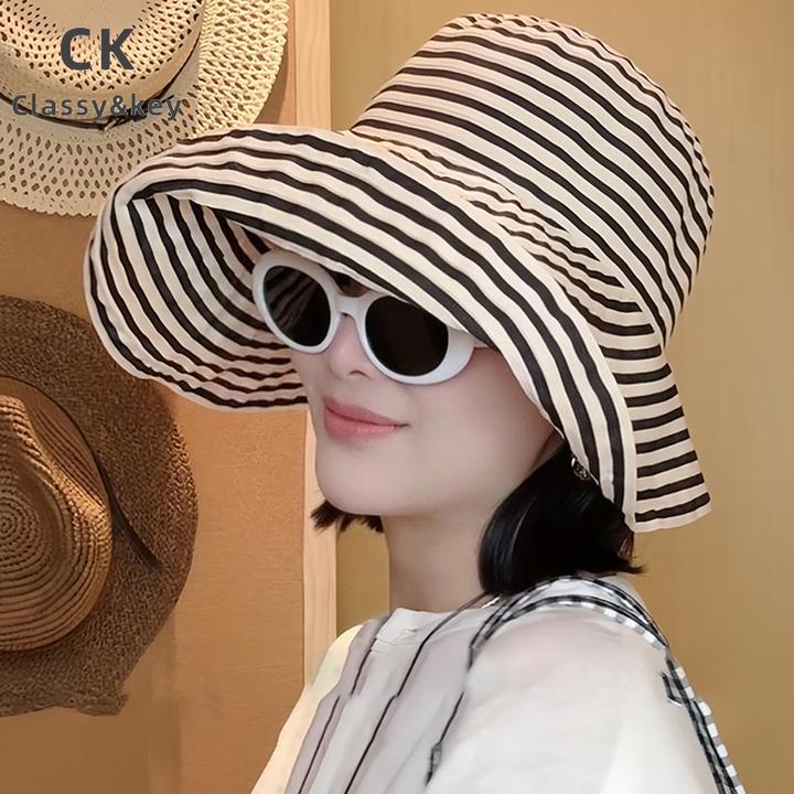 Classy key新加坡设计师联名款复古条纹防晒遮阳帽女夏出游太阳帽