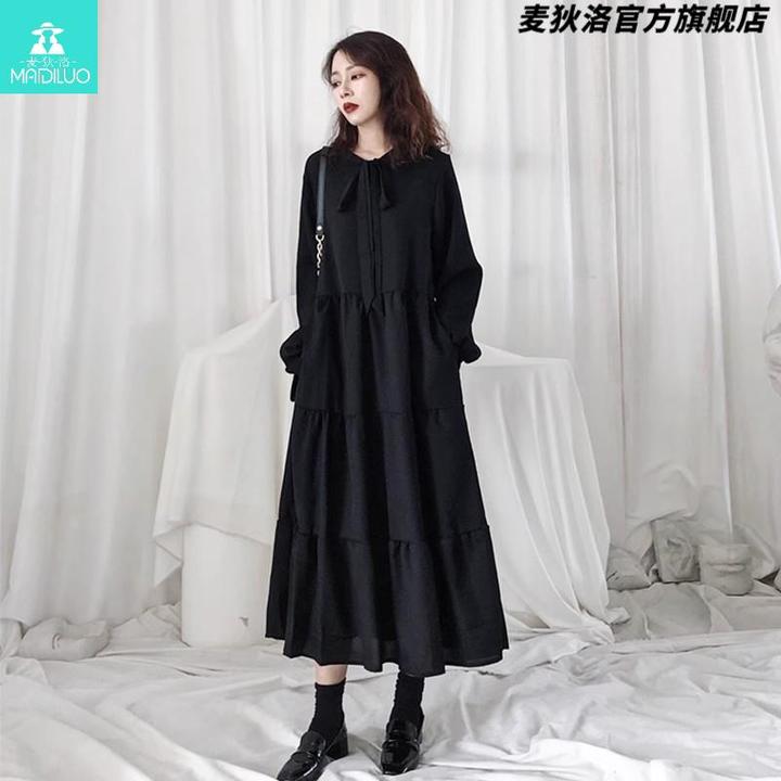 爆款连衣裙纯色春季大码长袖收腰高腰韩版围巾领法式辣妈时尚黑色