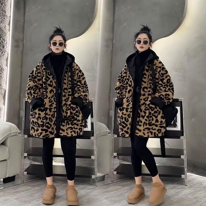 欧洲爆款豹纹外套秋冬韩版新款宽松保暖夹克休闲连帽中长上衣