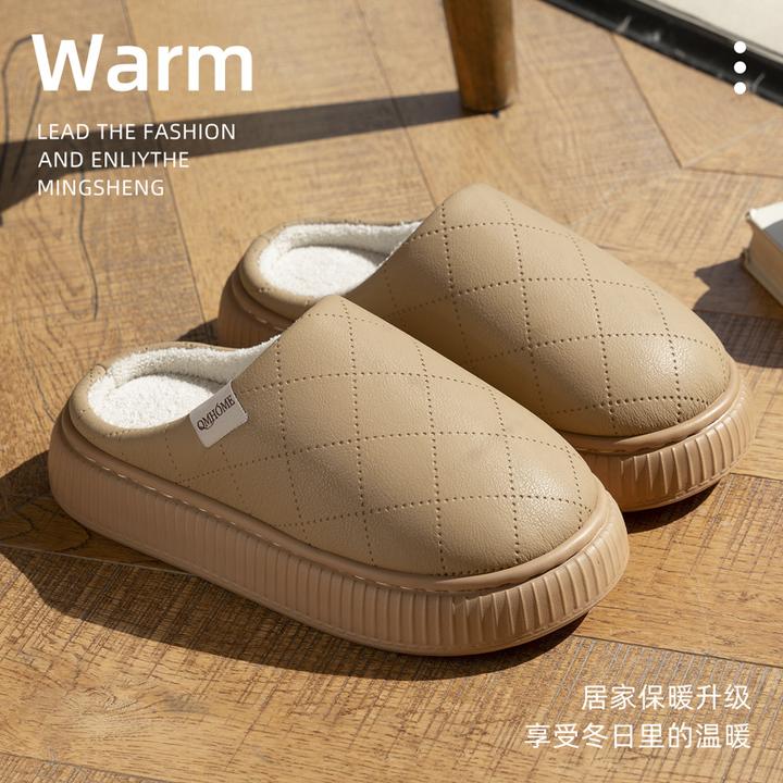 女士厚底加绒防水防滑棉拖鞋冬季居家冬季外穿保暖包头情侣棉拖鞋