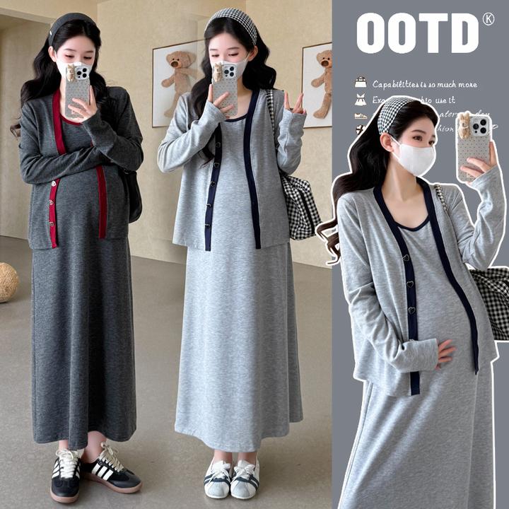 孕妇秋装套装2025早秋新款时尚慵懒风撞色开衫+背心连衣裙两件套