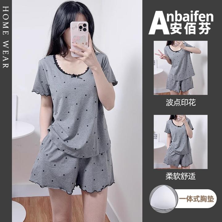 2026新款睡衣短袖短裤夏季女短袖短裤波点印花套装带胸垫宽松大码