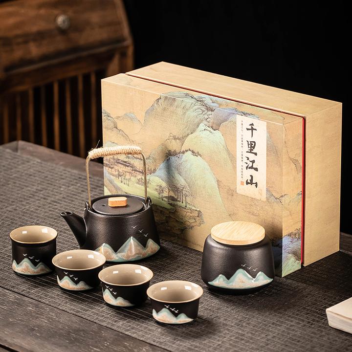 国风茶具套装中式家用办公室收纳伴手礼泡茶壶陶瓷一壶四杯礼盒装
