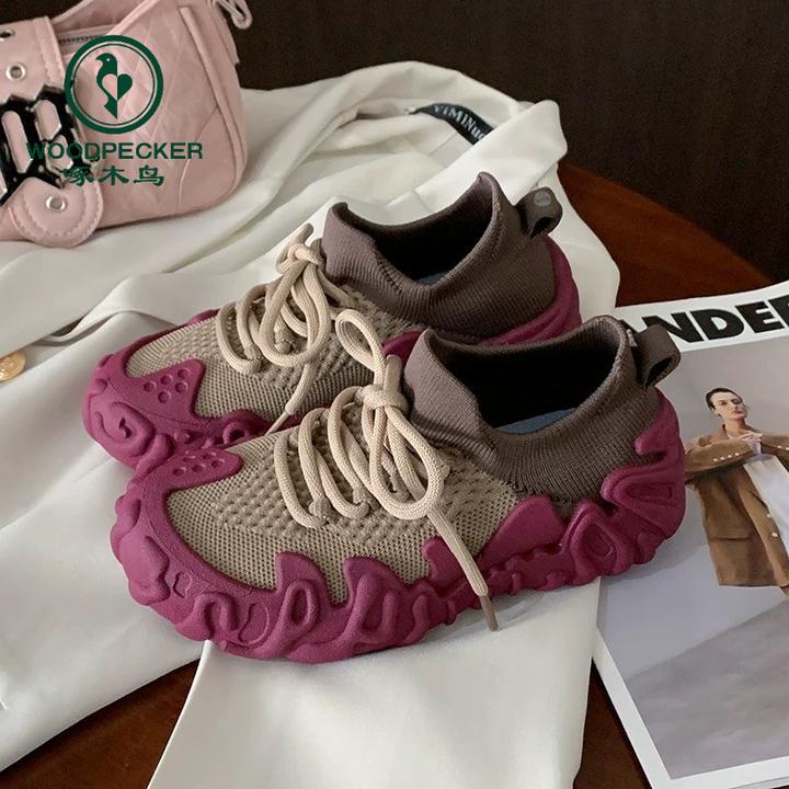 啄木鸟运动鞋女2025春季新款潮流复古时尚轻便厚底舒适针织休闲鞋