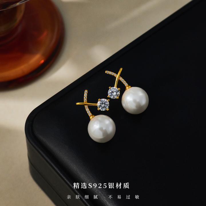 丽沁 925银耳饰 超闪锆石珠珠耳钉轻奢复古精灵风经典气质百搭